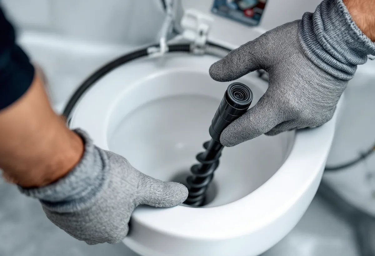 Técnico desentupindo um vaso sanitário com sonda flexível, sem danificar a louça